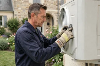 Technicien HVAC inspectant une pompe à chaleur extérieure sur une maison résidentielle en France dans le cadre d'un dispositif CEE