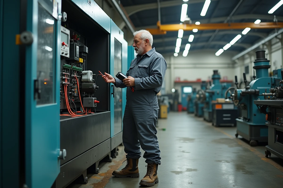 Technicien de maintenance mesurant la tension sur un moteur de machine-outil recâblé en 220V dans un atelier industriel