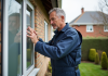 Technicien vérifiant un cadre PVC extérieur vieillissant