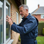 Technicien vérifiant un cadre PVC extérieur vieillissant