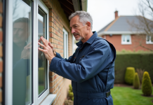 Technicien vérifiant un cadre PVC extérieur vieillissant