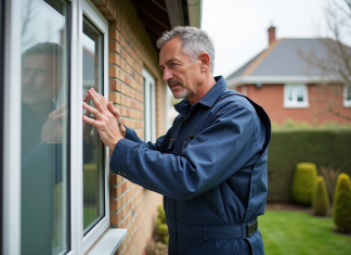 Vieillissement du PVC : caractéristiques, facteurs et impacts à connaître en 2025 Technicien vérifiant un cadre PVC extérieur vieillissant