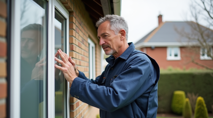 Technicien vérifiant un cadre PVC extérieur vieillissant