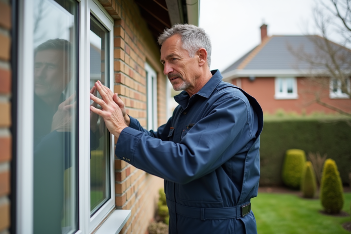 technicien-verre-pvc-exterieur Technicien vérifiant un cadre PVC extérieur vieillissant