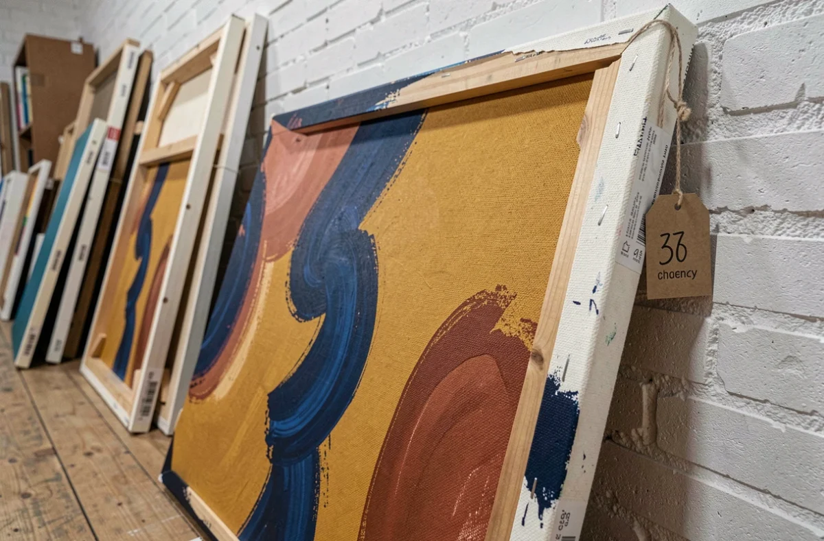 Gros plan sur des toiles colorées abordables appuyées contre un mur blanc, avec étiquettes de prix visibles