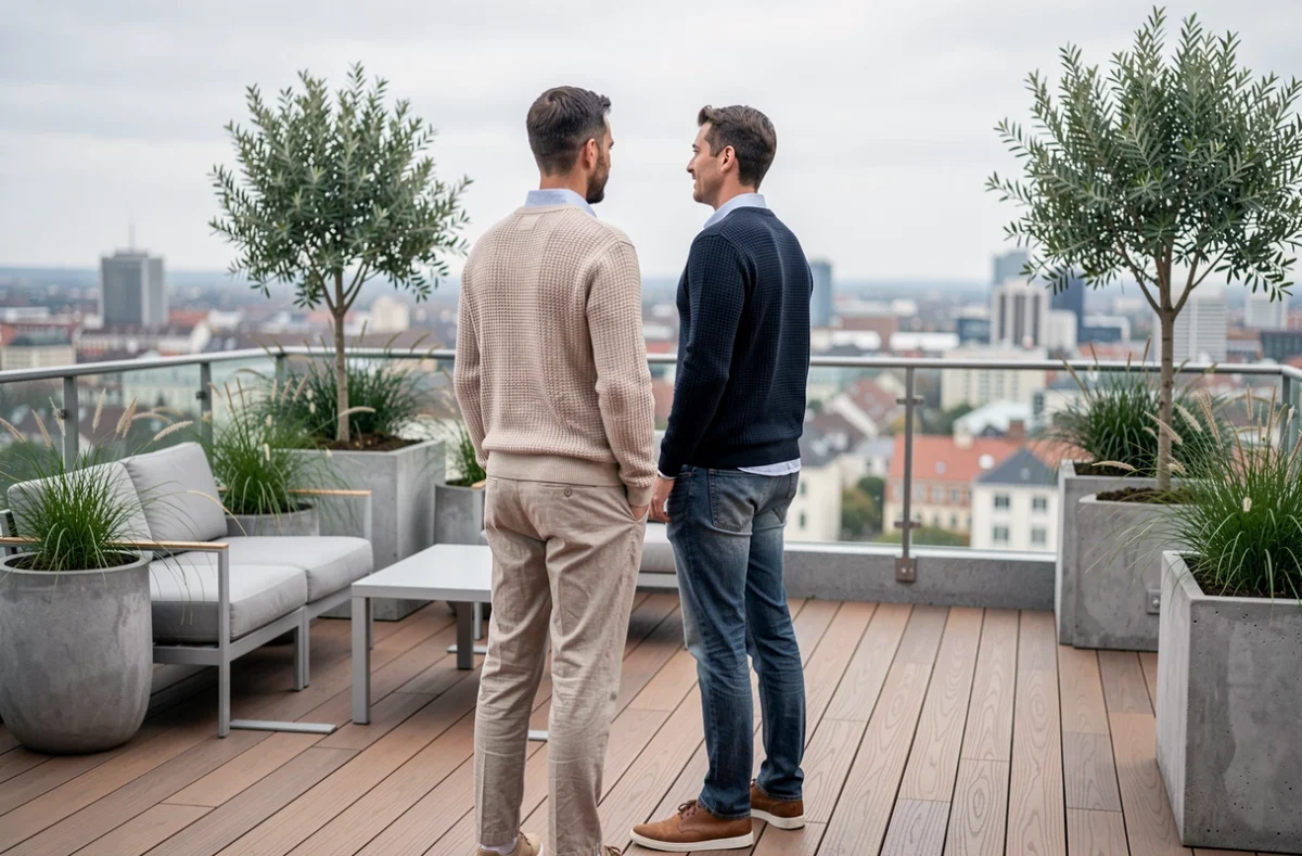 Toit terrasse aménagé avec dalles bois composite, mobilier minimaliste et couple profitant de la vue sur la ville
