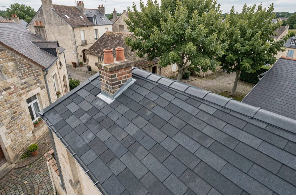 Toiture neuve en tuiles plates grises après rénovation complète sur une maison dans un village français