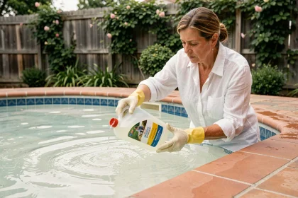 Femme versant de la javel dans une piscine trouble pour clarifier l'eau