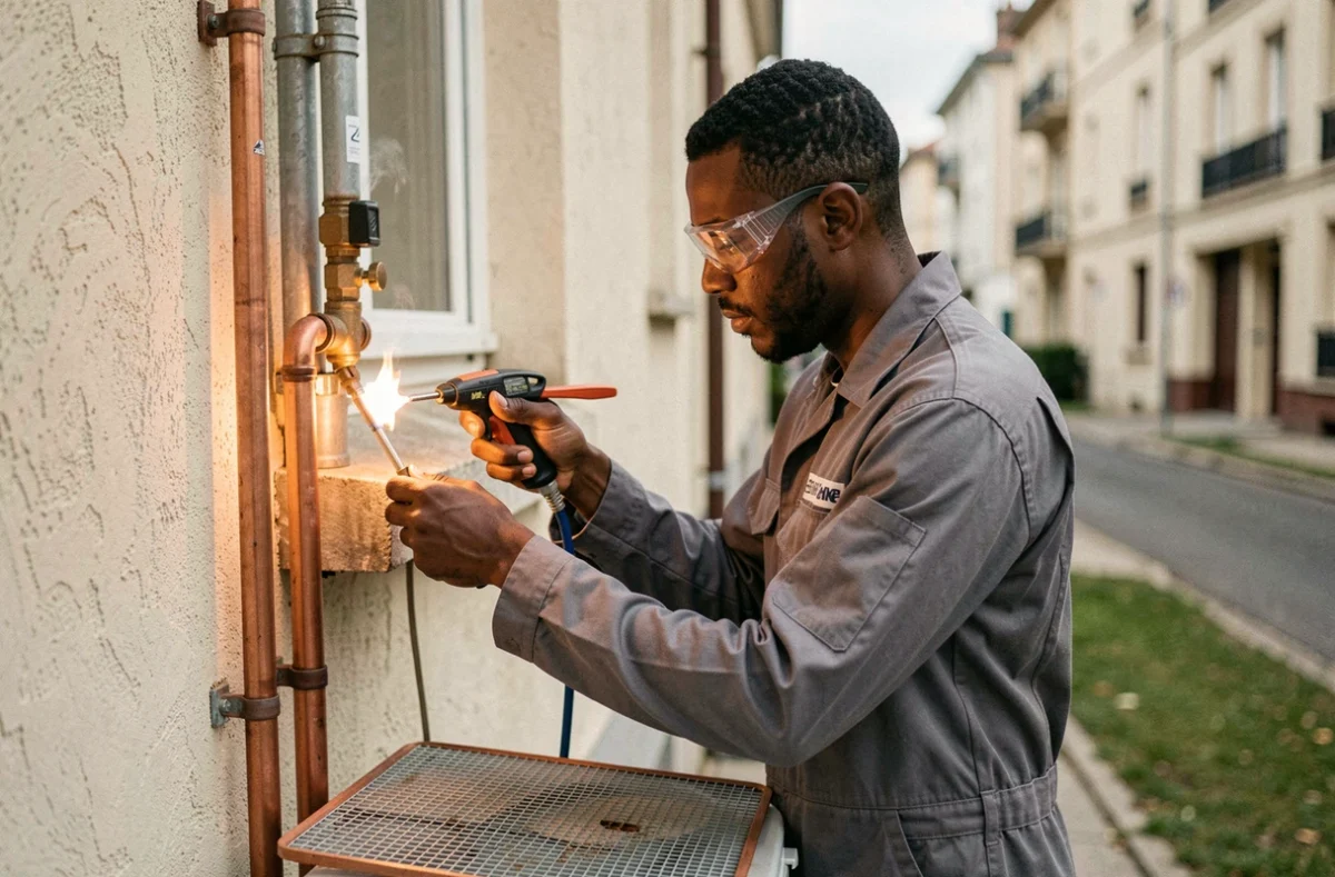 Technicien de Traq Mohammed brasant des tuyaux en cuivre lors d'une installation de climatisation sur un immeuble résidentiel en Indre-et-Loire