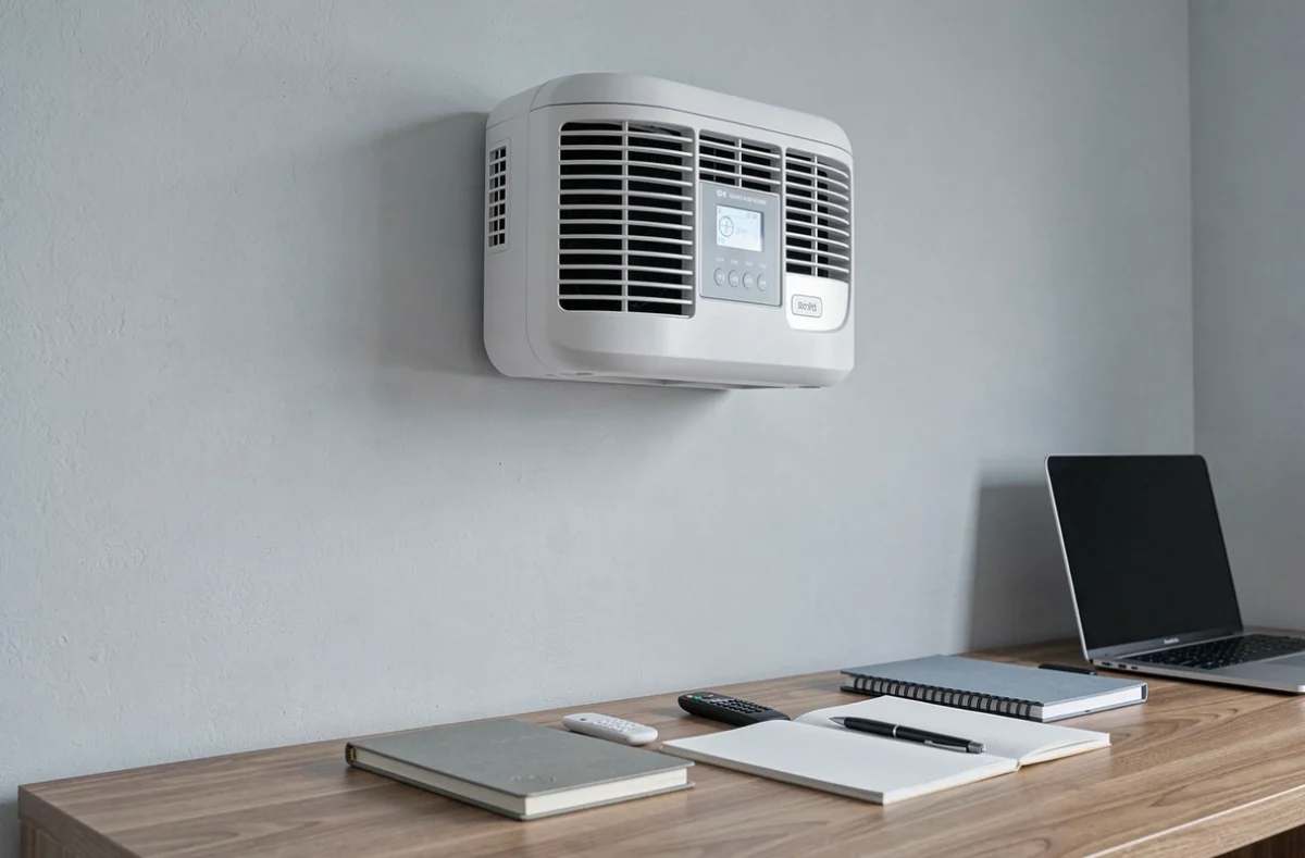 Unité intérieure de pompe à chaleur air-air installée dans un bureau à domicile moderne avec télécommande posée sur un bureau en bois