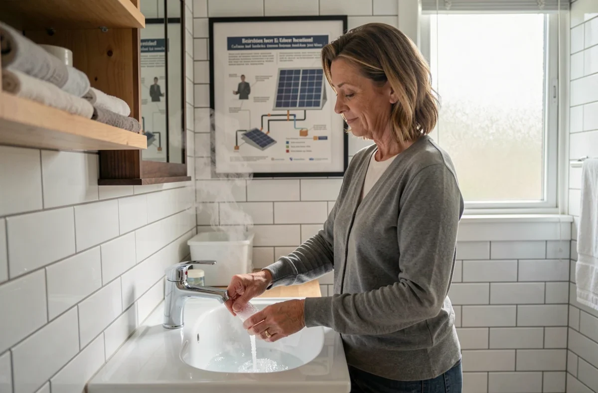 Femme utilisant l'eau chaude sanitaire produite par un chauffe-eau solaire dans une salle de bain familiale