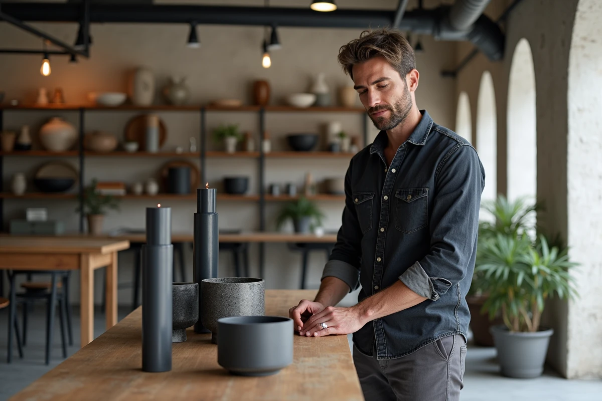 Vendeur arrangeant des objets de décoration industrielle sur une table en chêne dans une boutique concept store à Lyon