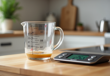 Verre mesureur rempli à 250 ml sur plan de travail lumineux