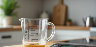 Verre mesureur rempli à 250 ml sur plan de travail lumineux