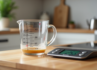 Verre mesureur rempli à 250 ml sur plan de travail lumineux