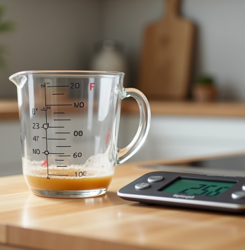 Verre mesureur rempli à 250 ml sur plan de travail lumineux