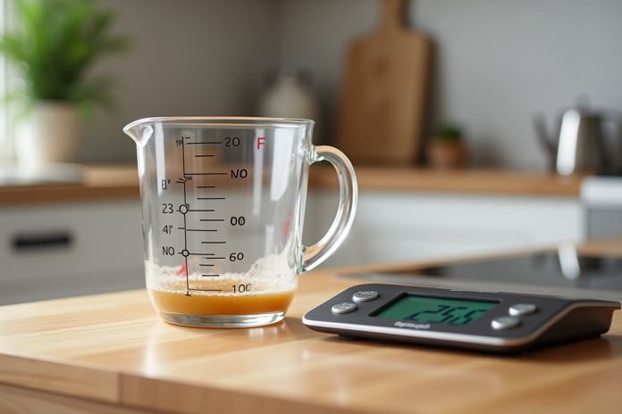 verre-mesure-cuisine Verre mesureur rempli à 250 ml sur plan de travail lumineux