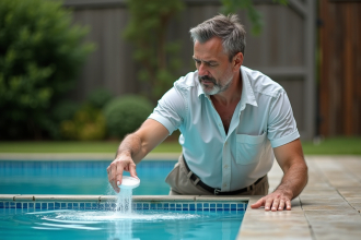 Homme versant du floculant dans une piscine extérieure