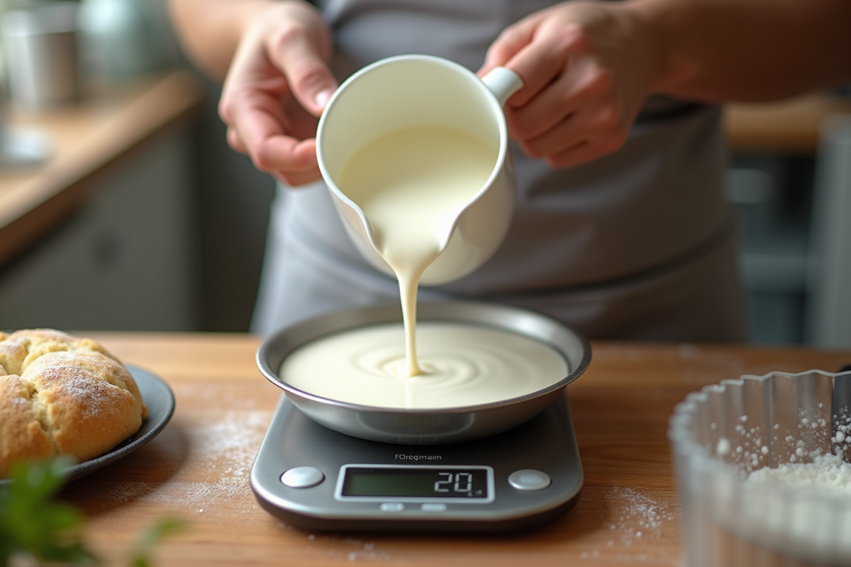 Mains d’un boulanger versant du lait sur une balance numérique