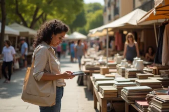 Vide grenier animé en plein air sur une place de Montpellier avec vendeurs et visiteurs parcourant des tables d'objets vintage