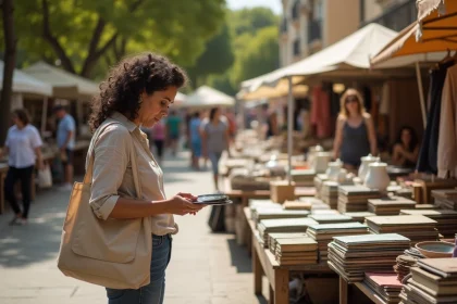 Vide grenier animé en plein air sur une place de Montpellier avec vendeurs et visiteurs parcourant des tables d'objets vintage