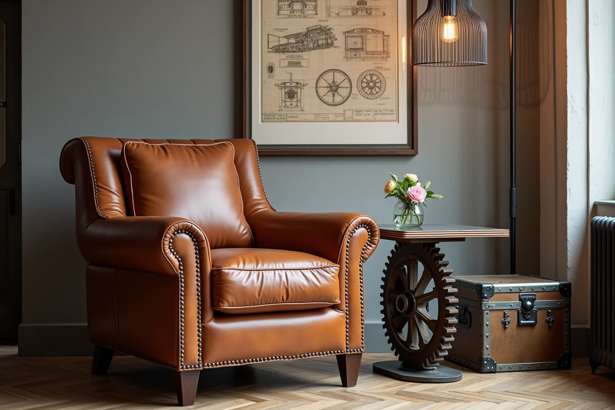 Vignette décorative industrielle chic avec fauteuil en cuir, table en engrenage industriel et lampadaire en fer forgé dans une boutique lyonnaise