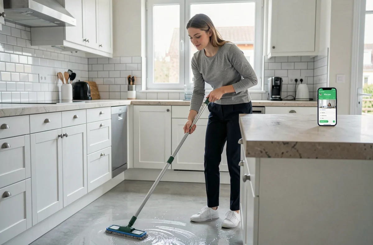 Prestataire Wecasa Seine-et-Marne effectuant le nettoyage d'une cuisine moderne avec l'application Wecasa visible sur un smartphone