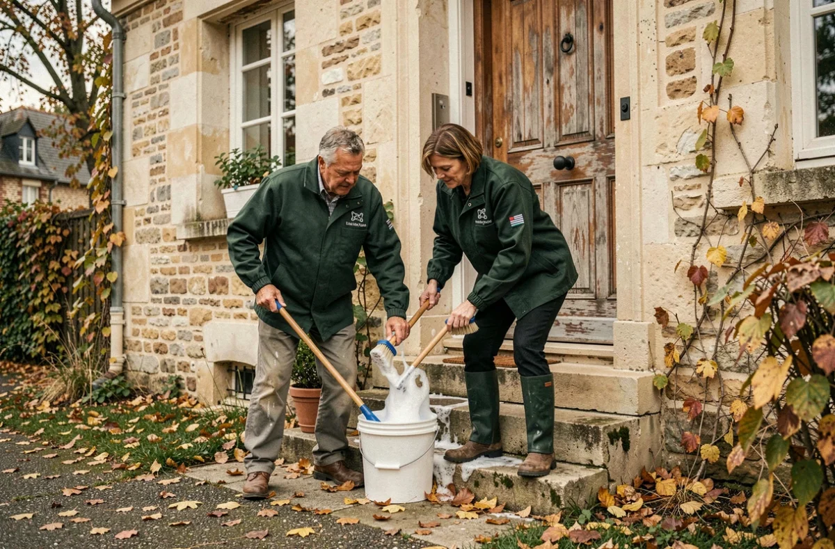 Équipe du réseau Workwave de professionnels du 77 nettoyant l'entrée d'une maison en pierre traditionnelle en Seine-et-Marne