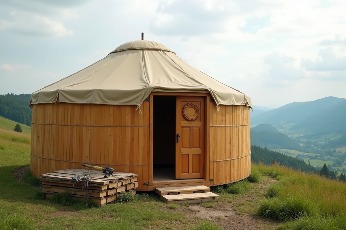 Yourte en bois finalisée et économique installée dans un pré vallonné avec des matériaux de construction visibles au premier plan